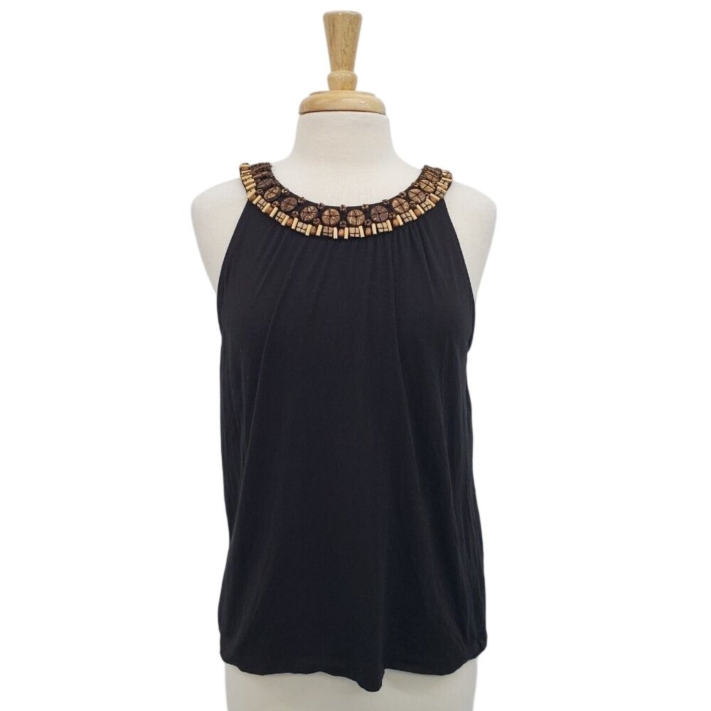 Talbots Womens Sleeveless Wood Beaded Neckline Halter Top Blouse Size L Black